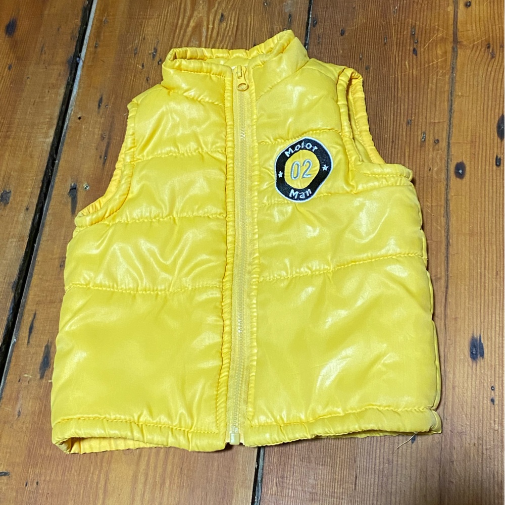 Yellow Kids Puffer Vest “Motor Man” Dads Mini Gear Head 🔧 3 - 6 month
